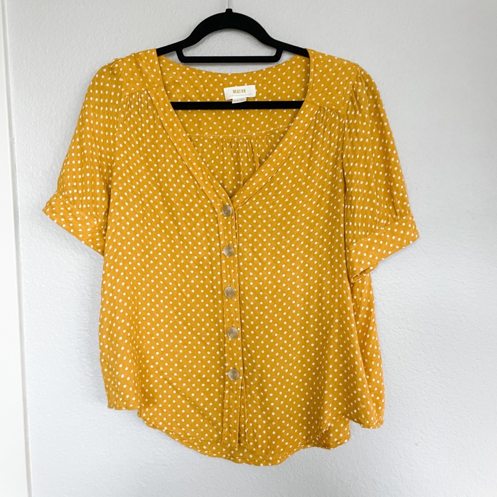 Mustard yellow polka dot Anthropologie blouse